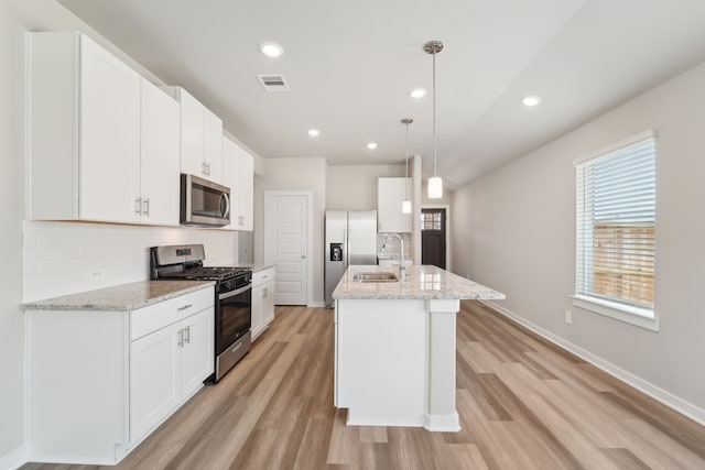 18733 Bliss Pl, New Caney, TX 77357 - kitchen featuring appliances with stainless steel finishes, a sink, tasteful backsplash, light wood finished floors, and recessed lighting