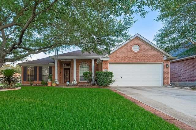 2403 Crescent Hollow Ct, Spring, TX 77388 - ranch-style home with a garage, brick siding, a front lawn, concrete driveway, and roof with shingles