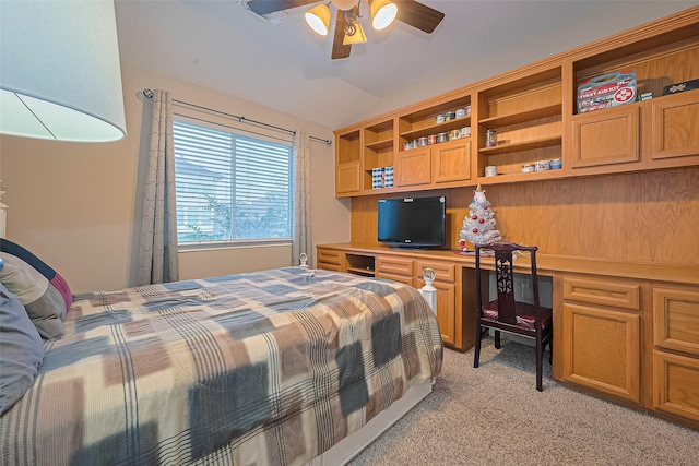 2403 Crescent Hollow Ct, Spring, TX 77388 - bedroom with light colored carpet, lofted ceiling, and ceiling fan