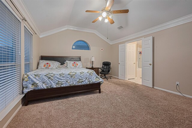 2403 Crescent Hollow Ct, Spring, TX 77388 - carpeted bedroom featuring baseboards, vaulted ceiling, and a ceiling fan