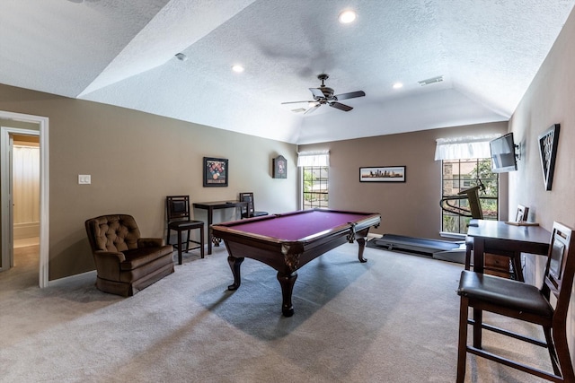 17718 Dove Tree Ln, Spring, TX 77379 - playroom with lofted ceiling, carpet, a ceiling fan, a textured ceiling, and billiards table