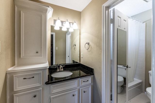 17718 Dove Tree Ln, Spring, TX 77379 - full bathroom with toilet, vanity, tile patterned floors, and shower / bath combination with curtain