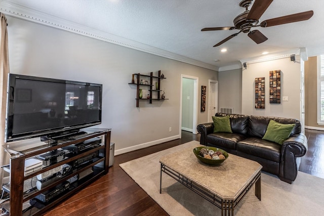 17718 Dove Tree Ln, Spring, TX 77379 - living room with crown molding, ceiling fan, wood finished floors, baseboards, and recessed lighting