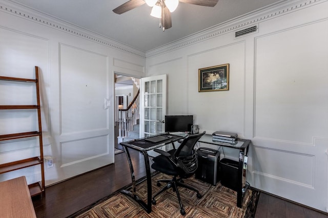 17718 Dove Tree Ln, Spring, TX 77379 - home office with a decorative wall, dark wood-style floors, ornamental molding, and a ceiling fan