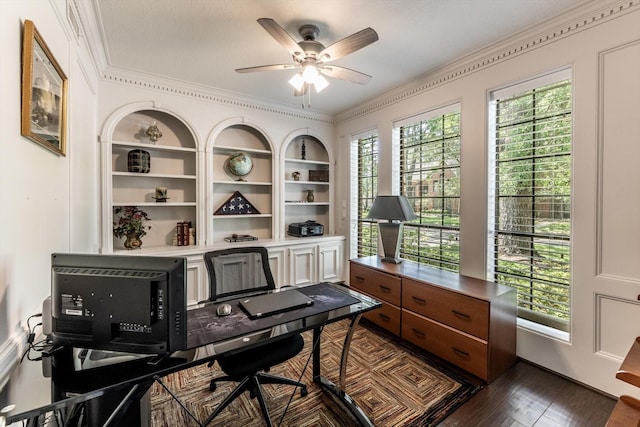 17718 Dove Tree Ln, Spring, TX 77379 - office featuring ceiling fan, dark wood finished floors, ornamental molding, and built in features