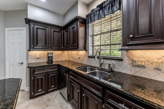 17718 Dove Tree Ln, Spring, TX 77379 - kitchen with dishwasher, a sink, light tile patterned floors, and dark brown cabinetry