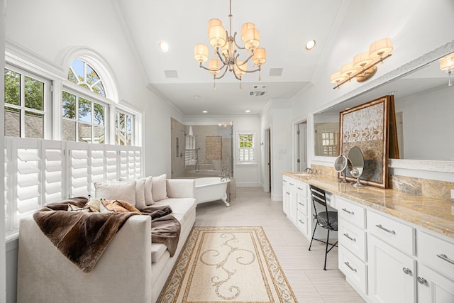 5567 Longmont Dr, Houston, TX 77056 - living room with vaulted ceiling, a chandelier, crown molding, baseboards, and recessed lighting