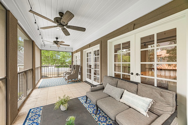5567 Longmont Dr, Houston, TX 77056 - sunroom / solarium featuring french doors, ceiling fan, and outdoor lounge area