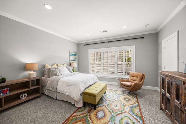 5567 Longmont Dr, Houston, TX 77056 - bedroom with carpet floors, ornamental molding, baseboards, and recessed lighting