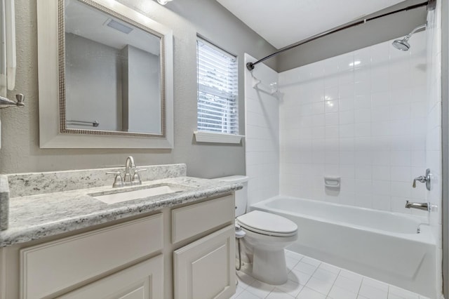 4531 Mulberry Park Ln, Houston, TX 77345 - full bathroom with tile patterned flooring, bathing tub / shower combination, vanity, toilet, and a textured wall