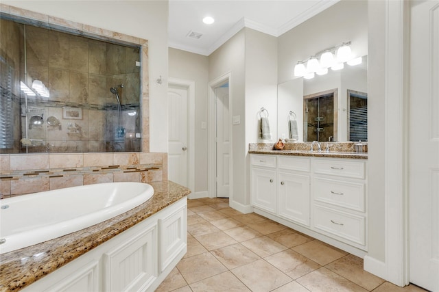 1205 Hall Ave, Seabrook, TX 77586 - full bath with a stall shower, vanity, crown molding, tile patterned flooring, and a garden tub