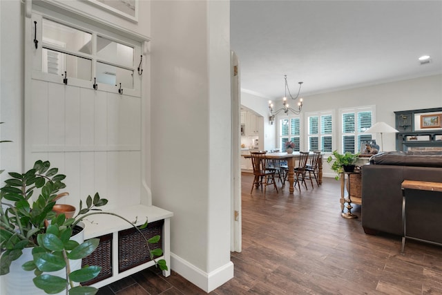 1205 Hall Ave, Seabrook, TX 77586 - mudroom featuring a chandelier, crown molding, dark wood-style floors, baseboards, and recessed lighting