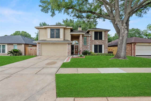 16310 Leamington Ln, Houston, TX 77095 - view of front facade with concrete driveway, a garage, a chimney, and brick siding
