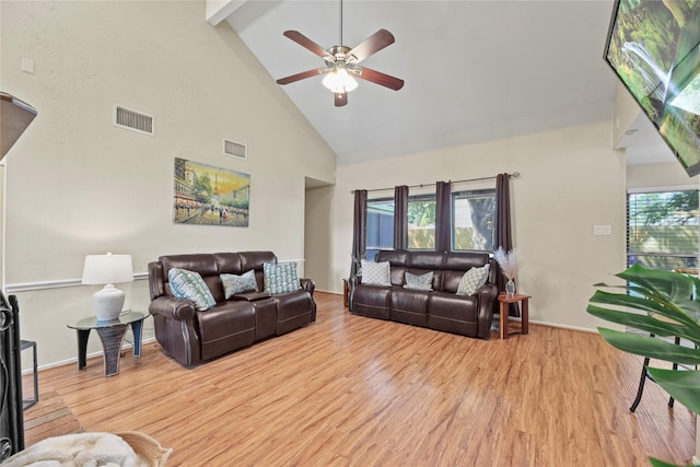 16310 Leamington Ln, Houston, TX 77095 - living area with high vaulted ceiling, ceiling fan, light wood-style flooring, baseboards, and beamed ceiling