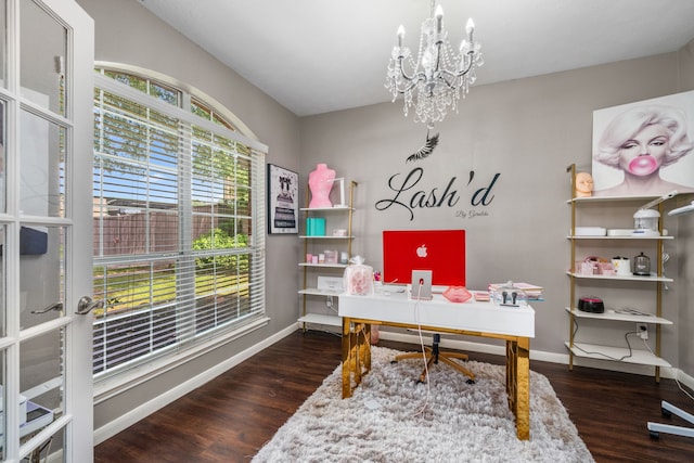 25993 Royal Emerald Ln, Kingwood, TX 77339 - office area with a chandelier, wood finished floors, and baseboards