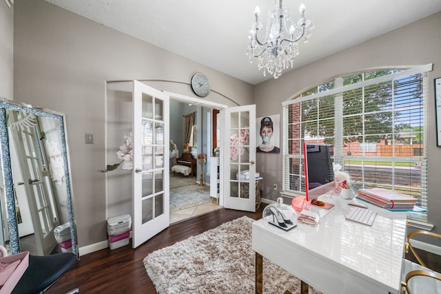25993 Royal Emerald Ln, Kingwood, TX 77339 - office area featuring french doors, a chandelier, wood finished floors, and baseboards