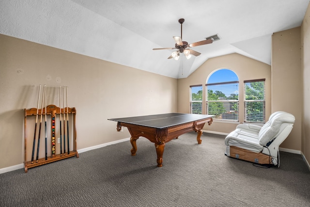 25993 Royal Emerald Ln, Kingwood, TX 77339 - rec room with a ceiling fan, vaulted ceiling, carpet, and baseboards