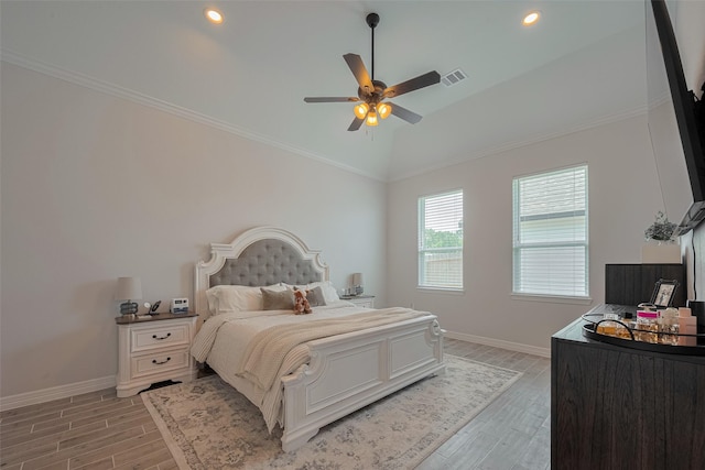 103 Alder Loop, Anahuac, TX 77514 - bedroom with baseboards, light wood-style flooring, lofted ceiling, recessed lighting, and a ceiling fan