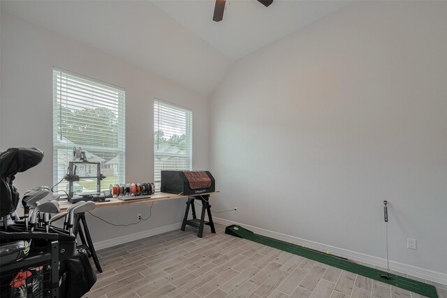 103 Alder Loop, Anahuac, TX 77514 - home office with baseboards, a ceiling fan, light wood-type flooring, and lofted ceiling