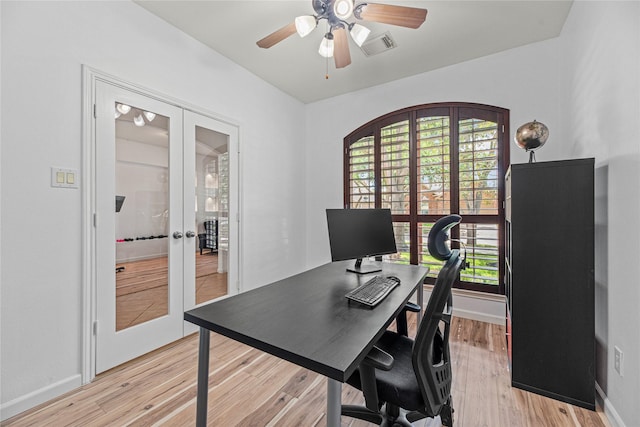 10307 Antelope Aly, Missouri City, TX 77459 - home office with french doors, ceiling fan, light wood-type flooring, and baseboards