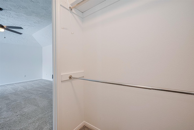 walk in closet with a ceiling fan, carpet floors, lofted ceiling, and attic access