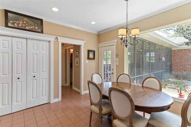 51 Oak Hollow Cir, Lake Jackson, TX 77566 - dining area with light tile patterned flooring, crown molding, a chandelier, recessed lighting, and baseboards