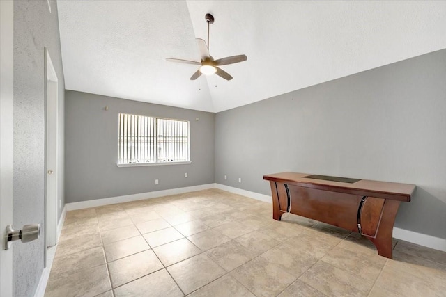11710 Brettwood Cir, Houston, TX 77089 - empty room featuring ceiling fan, light tile patterned flooring, baseboards, and lofted ceiling