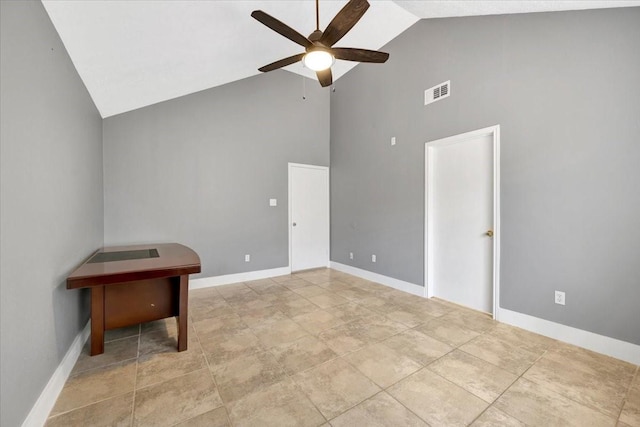 11710 Brettwood Cir, Houston, TX 77089 - spare room featuring high vaulted ceiling, a ceiling fan, and baseboards