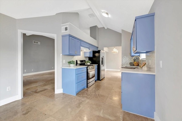 11710 Brettwood Cir, Houston, TX 77089 - kitchen featuring stainless steel appliances, blue cabinetry, under cabinet range hood, backsplash, and high vaulted ceiling