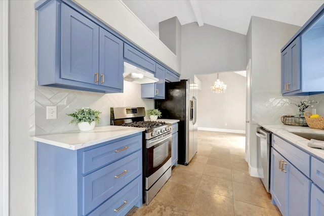 11710 Brettwood Cir, Houston, TX 77089 - kitchen with stainless steel appliances, under cabinet range hood, blue cabinets, beamed ceiling, and a chandelier