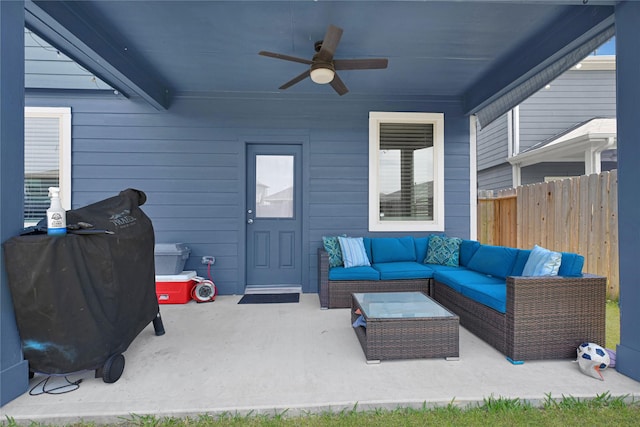 21626 Sage Landing Ln, Katy, TX 77449 - view of patio / terrace featuring ceiling fan, an outdoor living space, and fence
