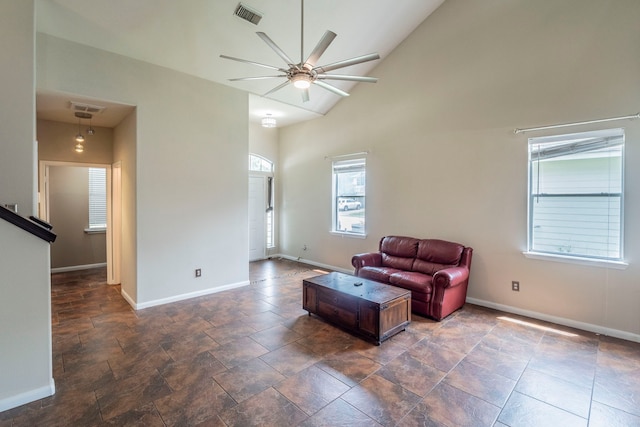 3911 Falvel Cove Dr, Spring, TX 77388 - sitting room with a ceiling fan, baseboards, high vaulted ceiling, and stairway