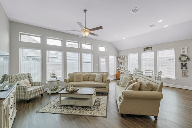 26415 Polaris Rise Ln, Richmond, TX 77406 - living area with ceiling fan, dark wood-style flooring, baseboards, vaulted ceiling, and recessed lighting