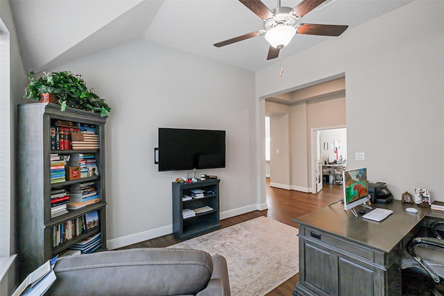 26415 Polaris Rise Ln, Richmond, TX 77406 - living area featuring a desk, ceiling fan, dark wood-style floors, and baseboards