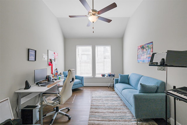 26415 Polaris Rise Ln, Richmond, TX 77406 - office area with wood finished floors, high vaulted ceiling, ceiling fan, and baseboards