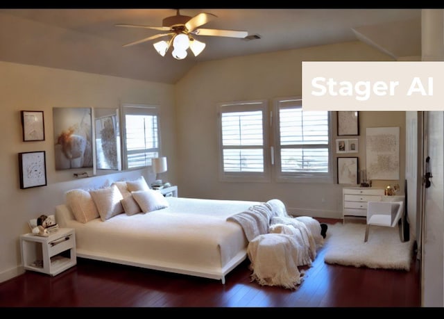3123 Dallas St, Houston, TX 77003 - bedroom featuring lofted ceiling, hardwood / wood-style flooring, baseboards, and ceiling fan