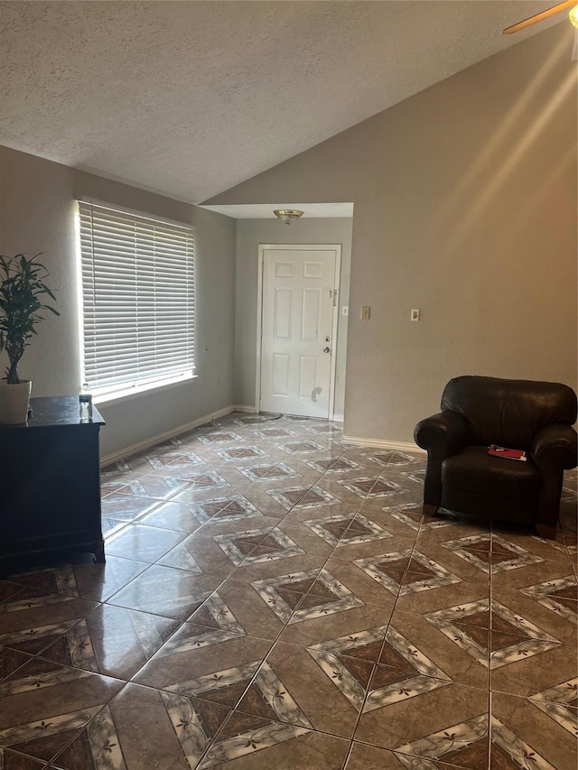 12147 Swords Creek Rd, Houston, TX 77067 - entryway featuring vaulted ceiling, a textured ceiling, and baseboards