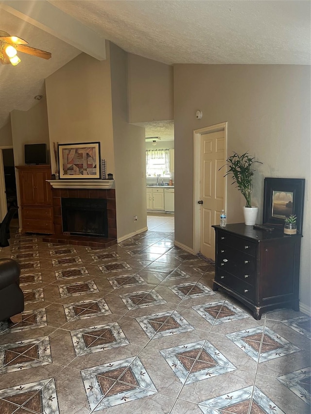 12147 Swords Creek Rd, Houston, TX 77067 - living area with a fireplace, baseboards, and a ceiling fan