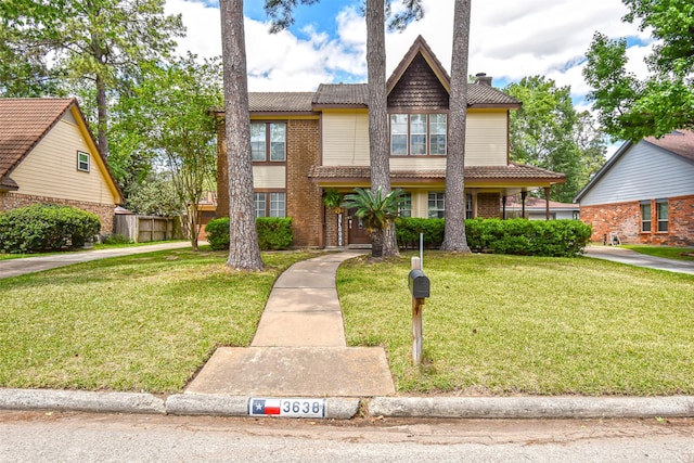 3638 Lost Oak Dr, Spring, TX 77388 - view of front of house with brick siding, a tiled roof, and a chimney