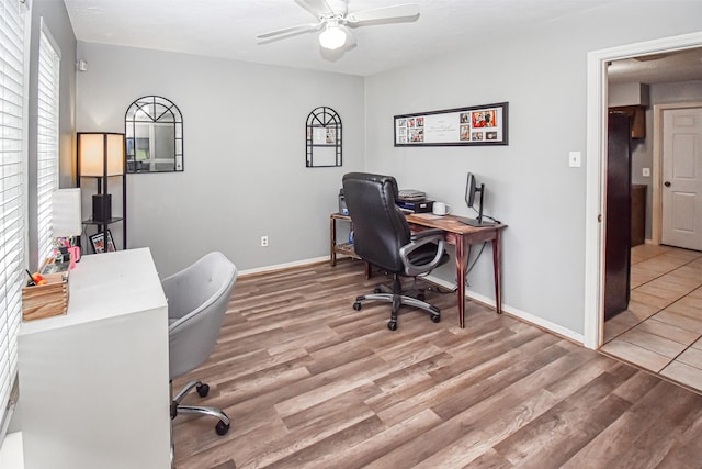3638 Lost Oak Dr, Spring, TX 77388 - office area with a ceiling fan, wood finished floors, and baseboards