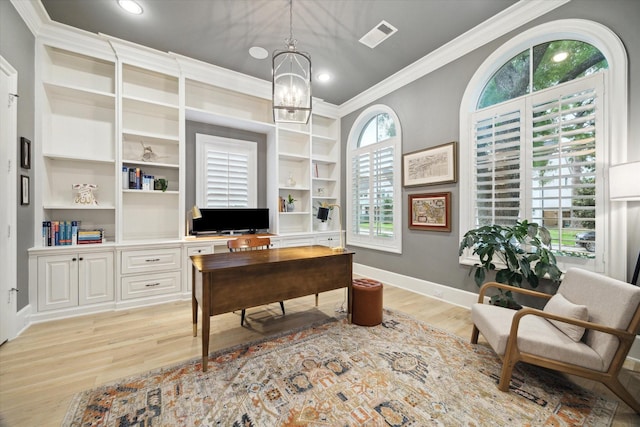 4654 Ingersoll St, Houston, TX 77027 - office space featuring crown molding, light wood-type flooring, a chandelier, baseboards, and recessed lighting