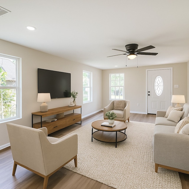 3108 Memel St, Houston, TX 77026 - living area featuring wood finished floors, a ceiling fan, recessed lighting, and baseboards