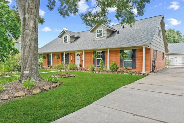 715 Timber Cove Dr, Seabrook, TX 77586 - cape cod house featuring brick siding, a shingled roof, a front lawn, concrete driveway, and a garage