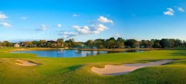 3819 Ridgeview Dr, Missouri City, TX 77459 - view of property's community with a water view, view of golf course, and a lawn