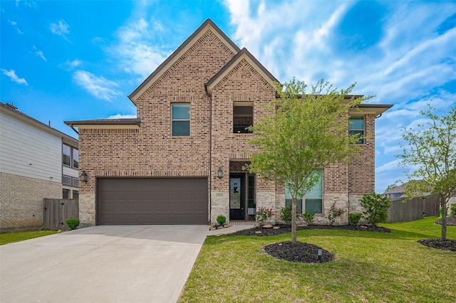 23604 Olive Creek Ln, New Caney, TX 77357 - traditional home with concrete driveway, a garage, brick siding, and stone siding