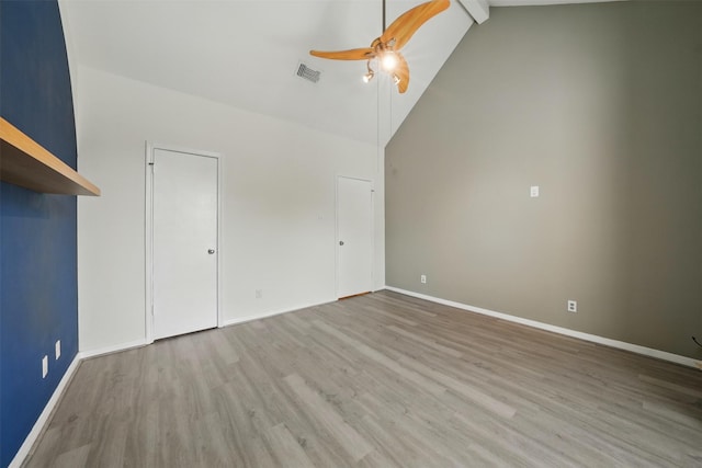 4144 Greystone Way Unit 305, Sugar Land, TX 77479 - unfurnished bedroom featuring beam ceiling, wood finished floors, baseboards, high vaulted ceiling, and a ceiling fan
