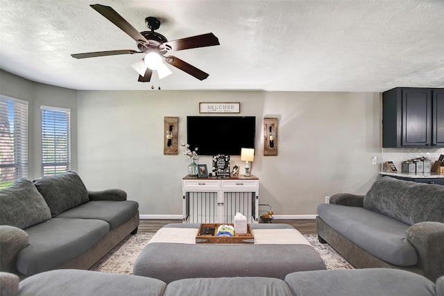 25401 Hunting Trl, Magnolia, TX 77355 - living area with baseboards, wood finished floors, ceiling fan, and a textured ceiling