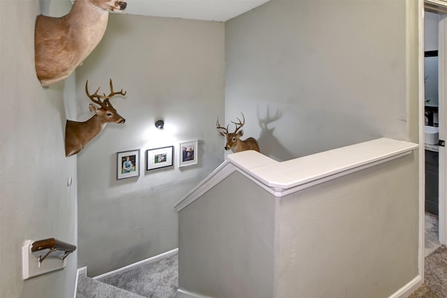 25401 Hunting Trl, Magnolia, TX 77355 - staircase featuring carpet floors and baseboards