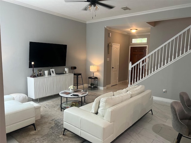 5339 Canyon Hollow Dr, Houston, TX 77084 - living area featuring stairway, ceiling fan, baseboards, crown molding, and marble finish flooring