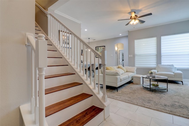 5339 Canyon Hollow Dr, Houston, TX 77084 - stairs with a ceiling fan, tile patterned flooring, and recessed lighting